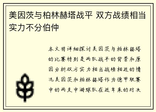 美因茨与柏林赫塔战平 双方战绩相当实力不分伯仲