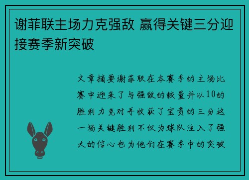 谢菲联主场力克强敌 赢得关键三分迎接赛季新突破