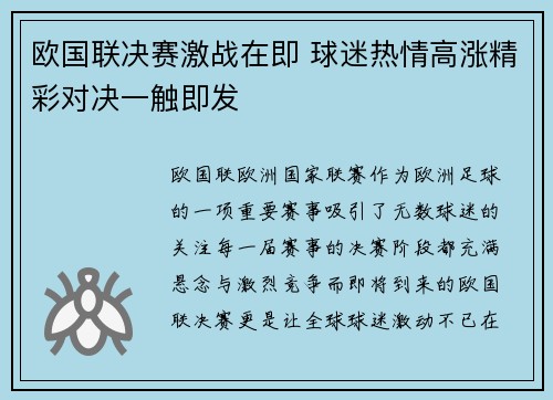 欧国联决赛激战在即 球迷热情高涨精彩对决一触即发