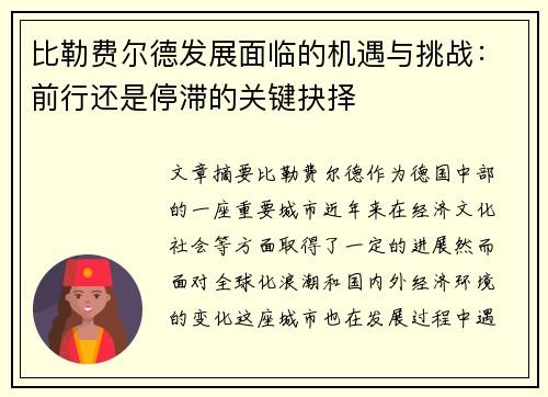 比勒费尔德发展面临的机遇与挑战：前行还是停滞的关键抉择