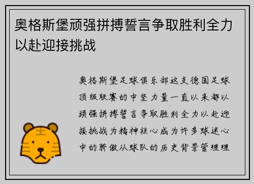 奥格斯堡顽强拼搏誓言争取胜利全力以赴迎接挑战