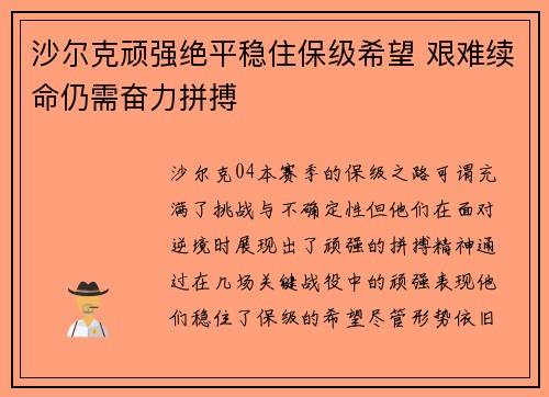 沙尔克顽强绝平稳住保级希望 艰难续命仍需奋力拼搏