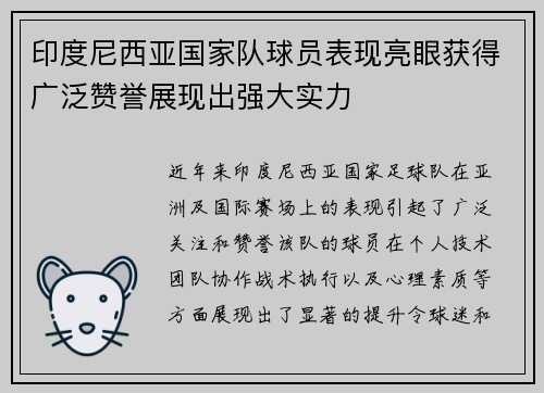 印度尼西亚国家队球员表现亮眼获得广泛赞誉展现出强大实力