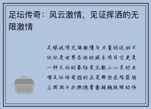 足坛传奇：风云激情，见证挥洒的无限激情